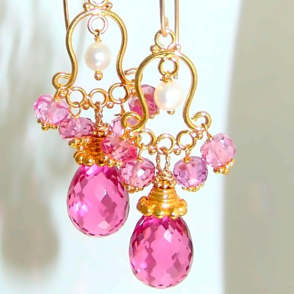 Gold Pink Topaz Pink Quartz Earrings Gemstone Briolette Chandelier Earrings - Picture 1 of 6
